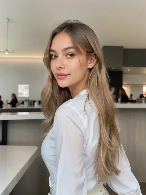 girl 20 years old, realistic photo taken on an iPhone, ultra-detailed, facial skin quality, perfect face, beautiful plump lips, slight smile, large gray eyes, long blond hair, dressed in a white blouse, elegant, in a cafe, blurred background from behind, h...