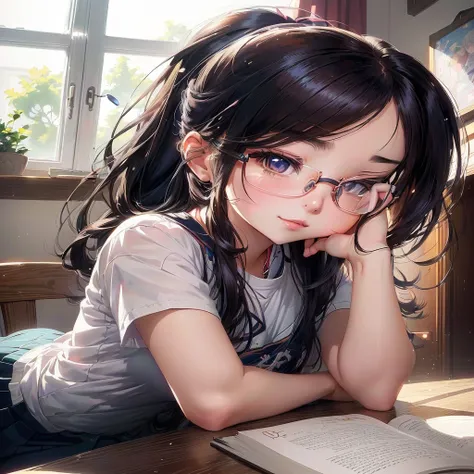 anime girl with glasses reading a book on a table, cute anime girl, portrait of cute anime girl, beautiful anime girl, cute anime girl portrait, portrait anime girl, beautiful anime portrait, young anime girl, anime style 4 k, realistic anime artstyle, cut...