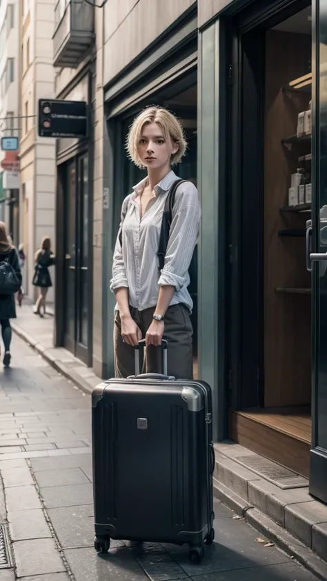 Cato with suitcase on the street 