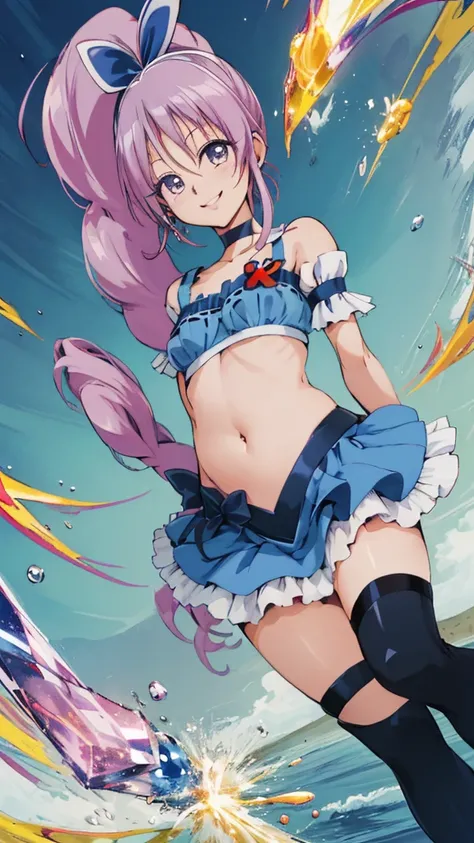 masterpiece, Highest quality, Show Viewer, , (belly button出し:1.2),,smile,arms behind back
One Girl, (Cure Berry:1.1), Pretty Cure, Wrist cuff, Blue Skirt, Side Ponytail, Blue Boots, gem, hair band, Navy Knee Socks, belly button, Blue Ribbon,