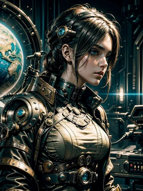 Detailing imagevof a steampunk futuristic military girl while in a planetary colony faces surreal aliens