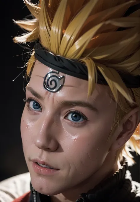 uzumaki naruto, One boy, Male Focus, masterpiece, Highest quality, (Portraiture, close), Looking at the audience, Shadow and Light, Blurred foreground, Symbol of Konohagakure, indoor, Water Drop, Red eyes, black sclera, On the bed, Cold bloodthirsty smile,