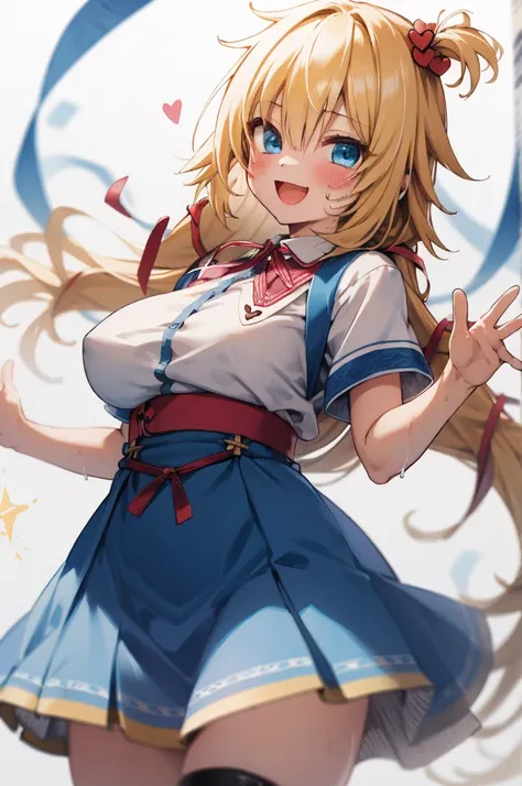 masterpiece, akai haato, hololive, 1girl, bangs, blonde hair, blue eyes, blush,huge breasts, collared shirt, hair between eyes, hair ornament,heart, heart hair ornament, long hair, , neck ribbon, one side up, red ribbon, ribbon, shirt, short sleeves, sidel...