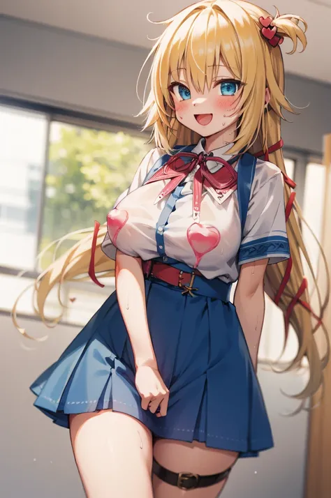 masterpiece, akai haato, hololive, 1girl, bangs, blonde hair, blue eyes, blush,huge breasts, collared shirt, hair between eyes, hair ornament,heart, heart hair ornament, long hair, , neck ribbon, one side up, red ribbon, ribbon, shirt, short sleeves, sidel...