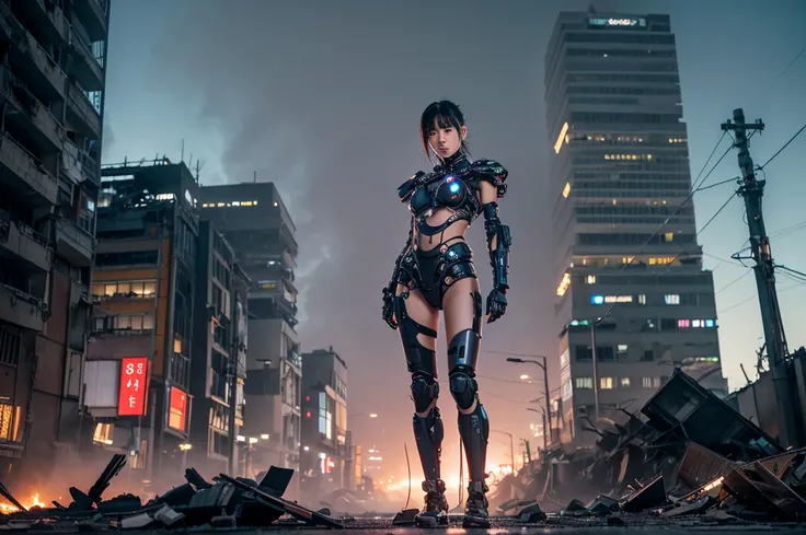 Highest quality,Very sophisticated beautiful Japanese cyborg girl, She spreads her legs and shows her vagina in front of the destroyed, dark and foggy city of Kyoto、Mechanical chest、 Bionic body with futuristic details. (A highly sophisticated cyborg with ...