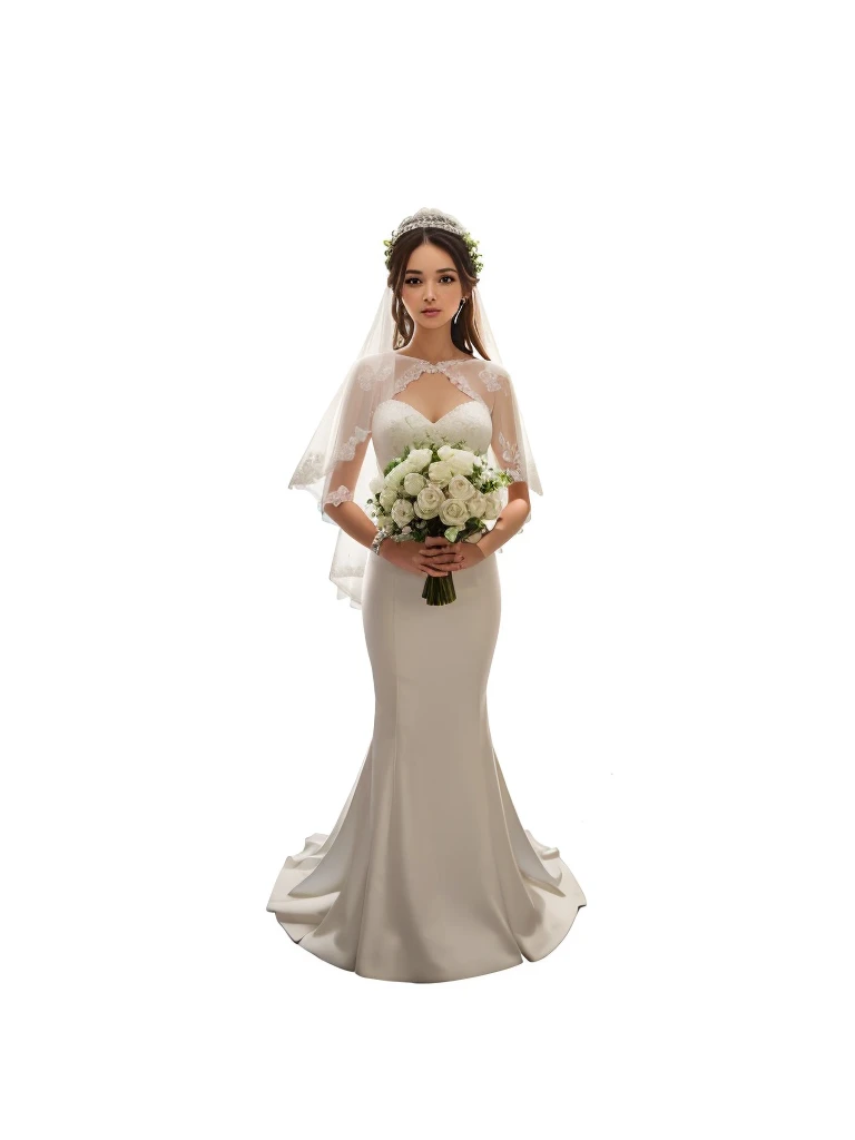 a beautiful girl, with bridal veil, and white wedding dress, with white bouquet of flowers in hand, with straight brown hair.