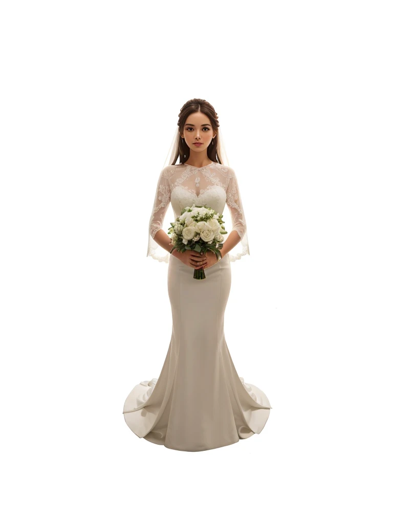 a beautiful girl, with bridal veil, and white wedding dress, with white bouquet of flowers in hand, with straight brown hair.