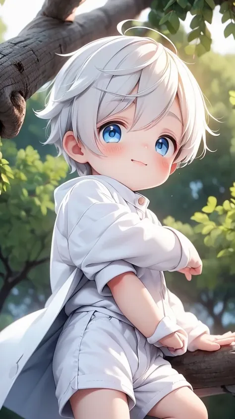 beautiful cute little boy with yellow hair, blue eyes, he is wearing a white coat and white shorts he's on top of a tree  he's w...