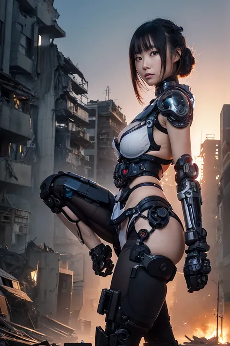 Highest quality,Very sophisticated beautiful Japanese cyborg girl, She spreads her legs and shows her vagina in front of the destroyed, dark and foggy city of Kyoto、Mechanical chest、 Bionic body with futuristic details. (A highly sophisticated cyborg with ...