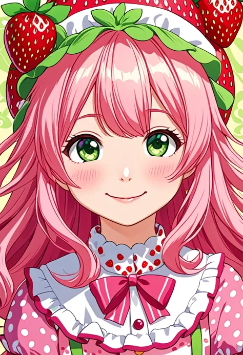 "create a detailed close-up artwork of a girl styled like strawberry shortcake. she should have bright, playful hair styled in l...