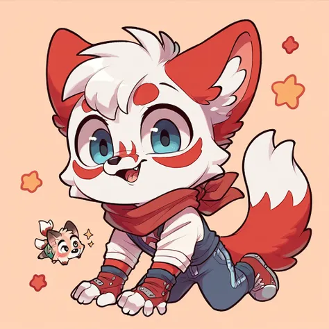 little fox, boy, white fur, red details on face, red details on body, 9 white tails, chibi, cute, white tails