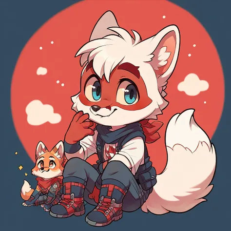 little fox, boy, white fur, red details on face, red details on body, 9 white tails, chibi, cute, white tails