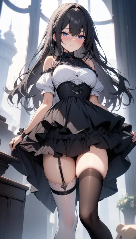 masterpiece, best quality, very aesthetic, absurdres, 1girl, dress, standing, thighhighs,one thighhigh is white, another thighhigh is black