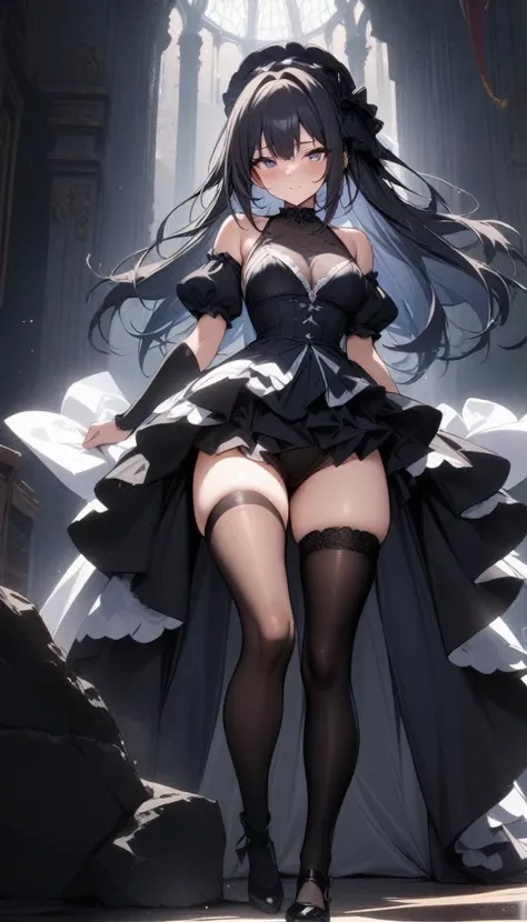 masterpiece, best quality, very aesthetic, absurdres, 1girl, dress, standing, thighhighs,one thighhigh is white, another thighhigh is black