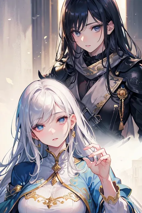 Three characters: A young man and two young women.

Physical appearance:

Man 1: Black hair, dark eyes, short stature.
Girl 1: Silver hair and eyes.
Girl 2: Yellow hair, scarf covering her eyes.
Additional details:

Eyes and lips: Beautiful and detailed, w...