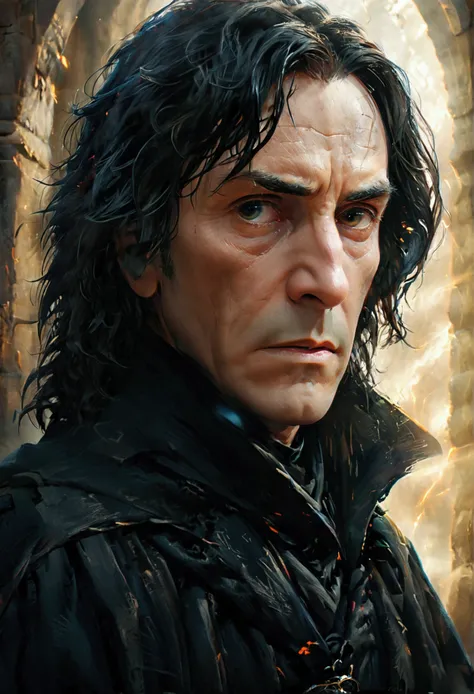 a wizard in a dark cloak, detailed portrait of severus snape, striking features, intense gaze, mysterious expression, traveling through time portal, magical energy swirling, dramatic lighting, moody atmosphere, cinematic composition, digital painting, conc...