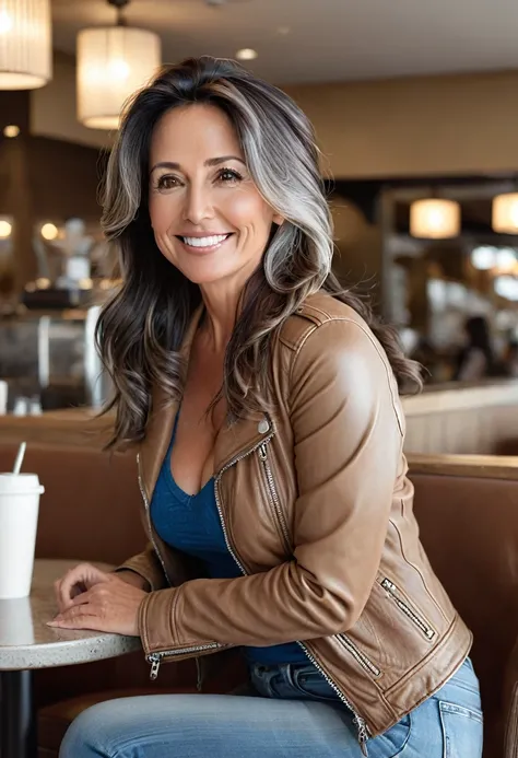 Mature woman of 45 years old full body with hair in a ponytail and dark layers falling on her face, medium size, beautiful face and perfect body, large and round sagging breasts, hands behind her head, smile, firm skin, standing in a cafeteria posing for a...