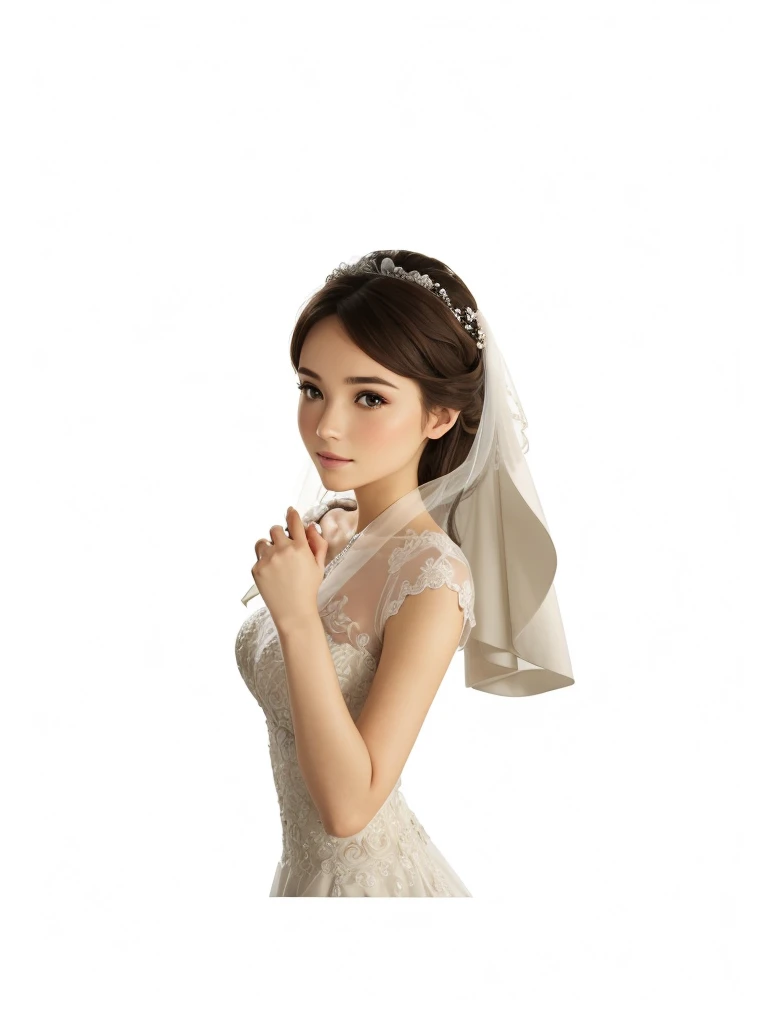 a beautiful girl, with bridal veil, and white wedding dress, with white bouquet of flowers in hand, with straight brown hair.