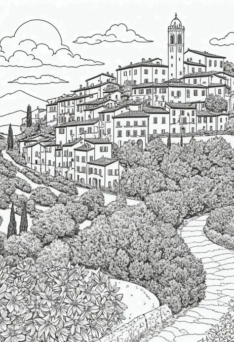 coloring book, best tourist landscape scene in tuscany, italy