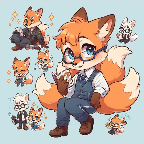 little fox, boy, white fur, blue details on face, 9 tails, glasses, chibi, cute