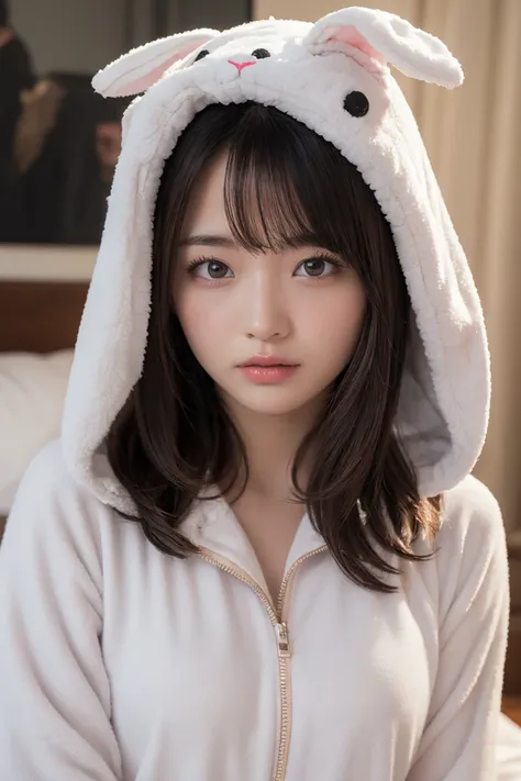 Em1lyW1ll1sV2-130, (Age 25), Long Hair, Modern photography, wear (Rabbit costume), (Portraiture), Cute Bunny Onesie Pajamas, Super soft light brown plush fabric, debtわdebtわフード, Cute rabbit hood, (35mm, debt/2.8) Photo debtocus, DOdebt, Aperture, Highly det...