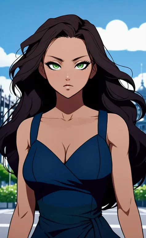 Animation boku no hero academia, dark skinned girl, dark brown hair and bright green almond eyes. She wears a long dark blue dress and black heels., background of a park