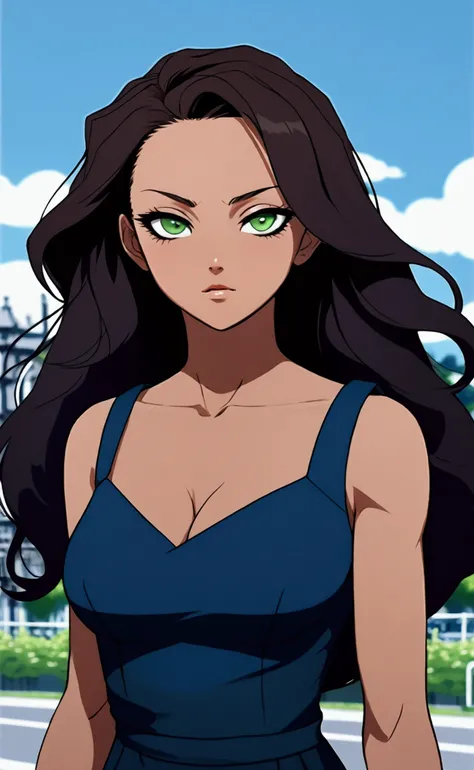 Animation boku no hero academia, dark skinned girl, dark brown hair and bright green almond eyes. She wears a long dark blue dress and black heels., background of a park