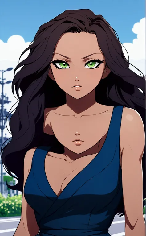 Animation boku no hero academia, dark skinned girl, dark brown hair and bright green almond eyes. She wears a long dark blue dress and black heels., background of a park