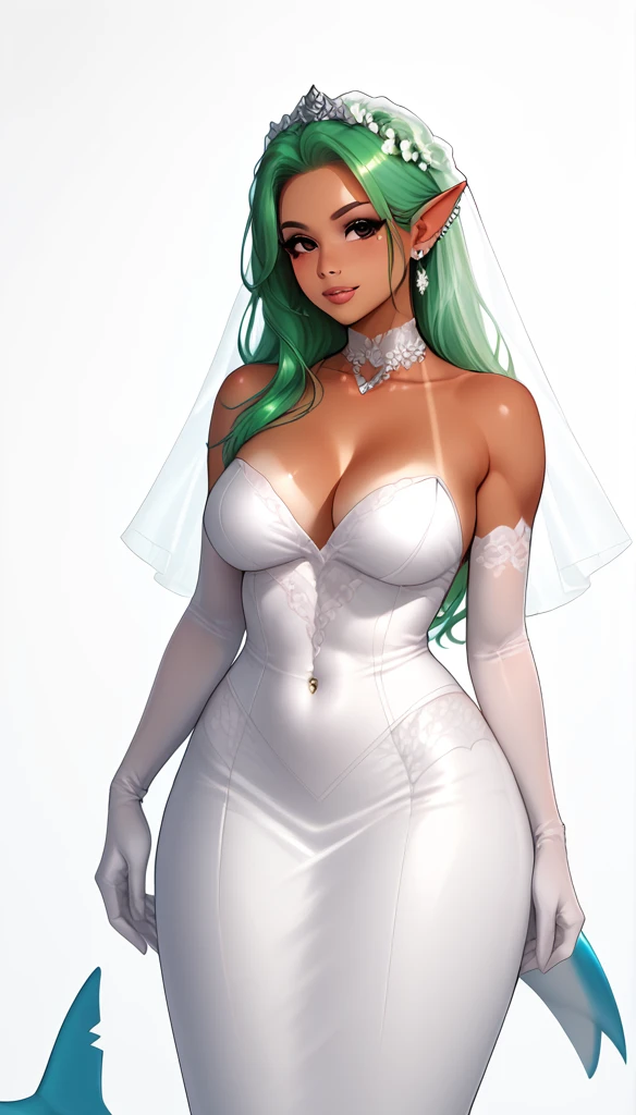 score_9, score_8_up, score_7_up, 1girl, solo, 
flowing green hair, black eyes, mermaid ears, tail, tanned skin, (shark:1.2),
monochromatic, eerie atmosphere, 
(wedding dress), seductive, stark white background