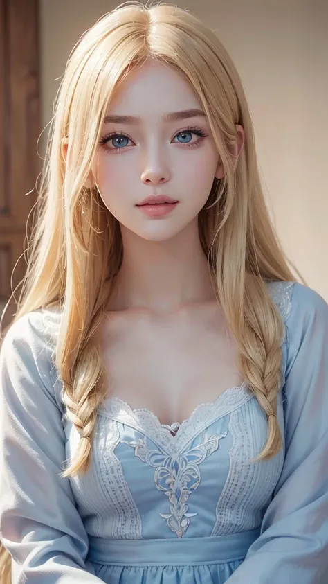 (Hair:Long, blond, and ornamented.
Eyes: Large and expressive with long eyelashes.
Pupils: Sky blue.
Eyebrows: Well-groomed and defined.
Nose: sharp and delicate.
Mouth: slim lips, smiling broadly.
Skin: Smooth and white.
Build: Has a skinny yet plump buil...