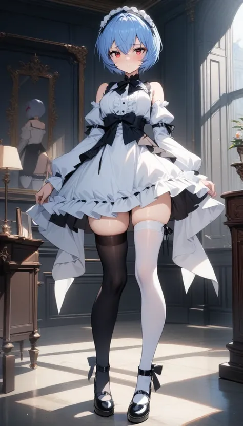 masterpiece, best quality, very aesthetic, absurdres, 1girl,Ayanami Rei, short hair,blue hair, red eyes, white dress, lolita style, standing, full body, thighhighs,one thighhigh is white, another thighhigh is black, white stocking, black stocking