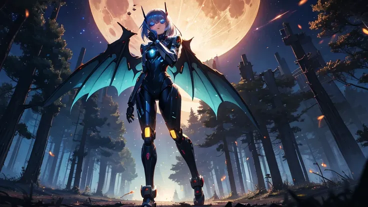 Android girl, walking in wood, night, fireflies, cyber googles, mecha hands, mecha legs, cyber wings, full moon, sad expression