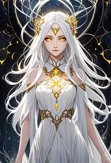 create a character with striking white hair and vivid yellow eyes. she should exude an ethereal and mysterious aura, with her ap...