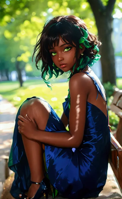 Animation boku no hero academia, dark skinned girl, dark brown hair and bright green almond eyes. She wears a long dark blue dress and black heels., background of a park