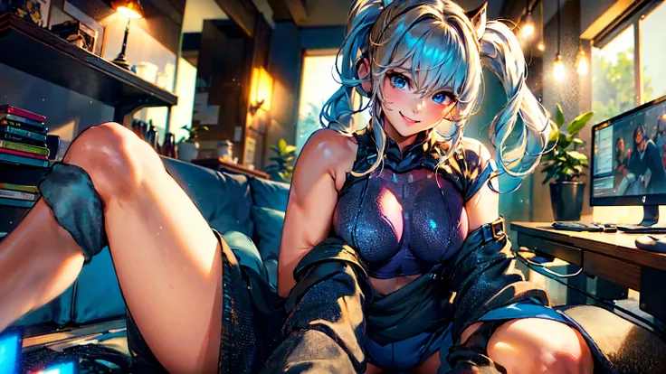 Create a high-quality, detailed image of a beautiful, sexy anime lofi girl with long blonde hair, bright blue eyes, and a smile, sitting at her gaming PC in a cozy lounge. She wears a tank top and shorts, showing her shoulder and midriff, highlighting her ...