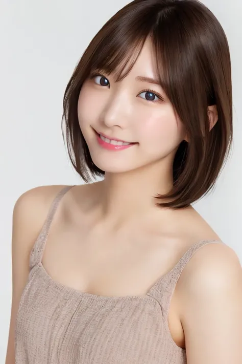 (8K.Highest quality), (beautiful)、Very delicate eyes、Brown eyes、22-year-old female、Brown Hair、Fine skin、Semi-short hair、Soft Breasts、bangs、smile、camisole