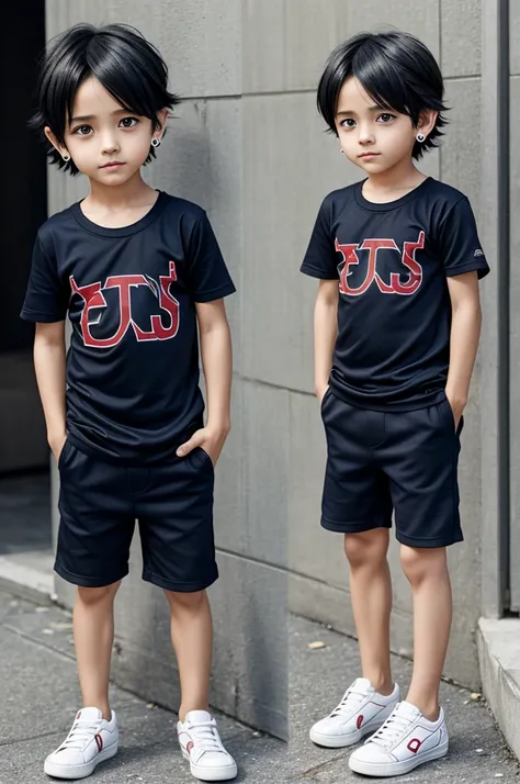 Anime style, Boy, Tanjiro, (little boys), Sweat, sirtless , earrings, Shorts, (very young boy), (very small and short body