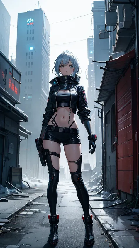 futuristic wanderer woman in a cyberpunk attire, cute, showing navel, exploring a barren wasteland in a post-apocalyptic setting, dilapidated urbanscape, spaceship in the background, grim expression, scared expression