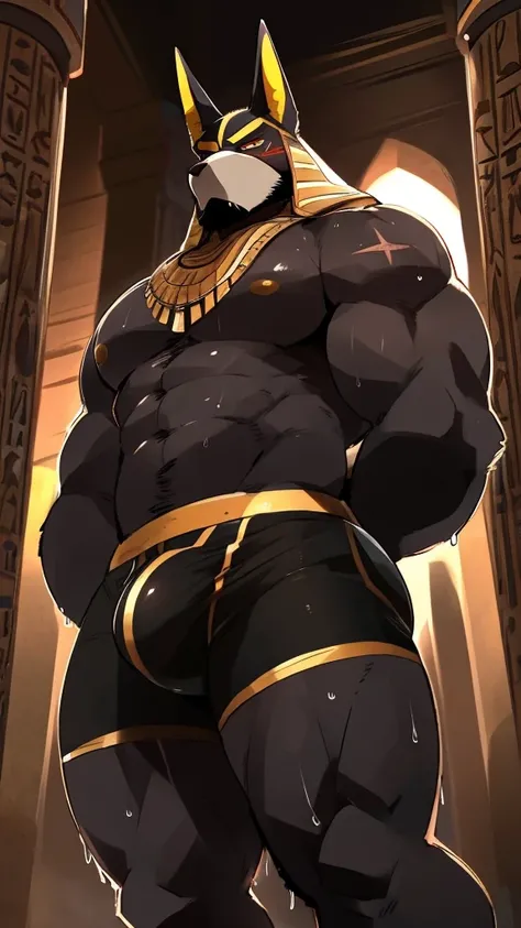 Muscular, male, furry, fluffy, Covered scars, bare chest, hot, (wet and sweaty: 1.3), abs, wide body, egyptian jewelry, egyptian armor, Looking at viewers, thick beard , (bara pecs: 1.1), anthro jackal, anubis mask, blushing, black body, black furr chest, ...