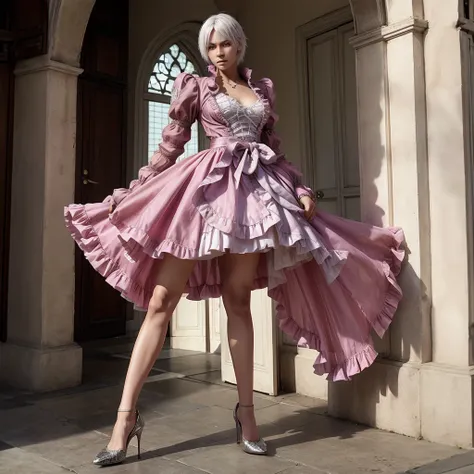 vergil from devil may cry wearing a pink skirt and high heels