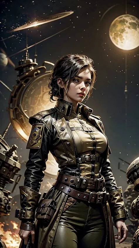 Awoman in a steampunk military uniform on an unknown planet encounters aliens who seem hostile