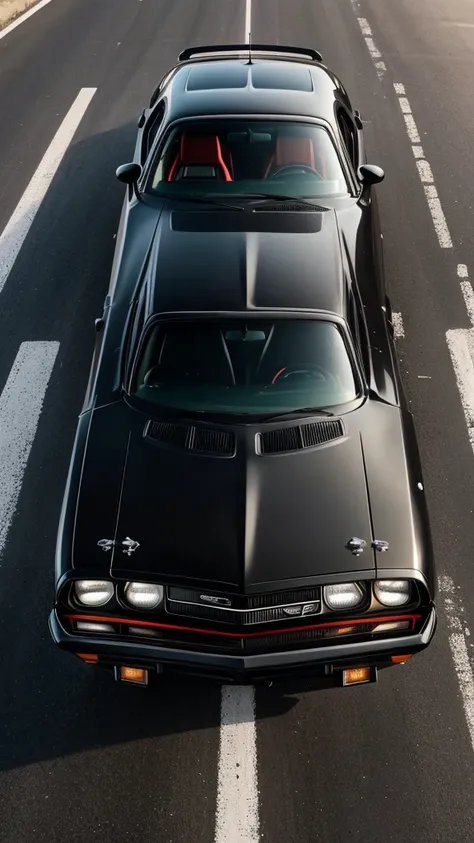 1980s dodge challenger,  black paint job with red accents.