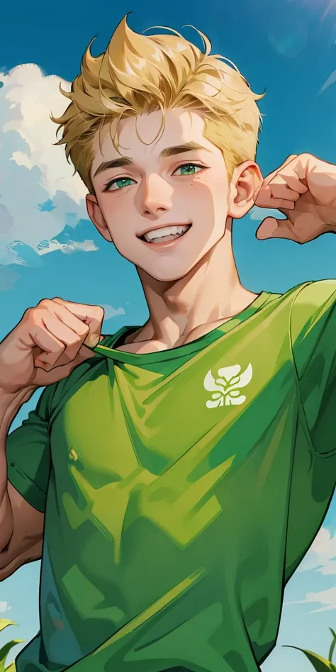 (masterpiece, Best Quality),The whole body of boy, 11 years old boy, Muscular, bodybuilder, green shirt blond freckled smile 