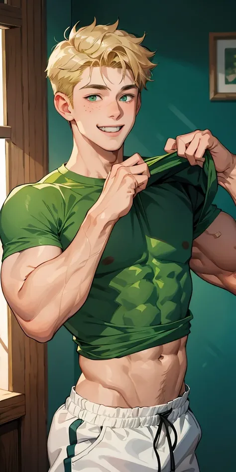 (masterpiece, Best Quality),The whole body of boy, 11 years old boy, Muscular, bodybuilder, green shirt blond freckled smile 