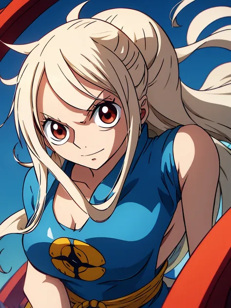 nami one piece, long white hair, small slanted and red eyes, a ninja