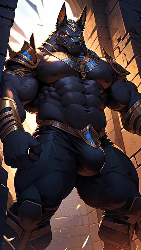 anubis jackal，Behemoth，4k HD，wallpaper, egyptian battle armor, anubis mask, angry struggling expression, looking down, holding onto wall, (night time: 1.1), huge chest, (bara pecs: 1.4), (dense oversized huge pecs: 1.1), (big crotch bulge: 1.5), wearing ti...