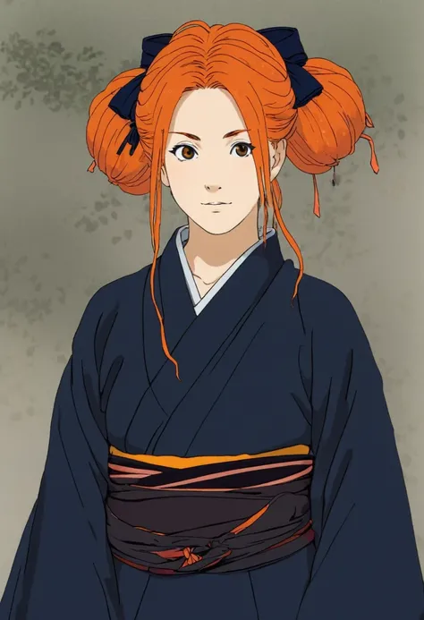 A Ghiblis studio character (2D). She have long orange hair are tied but look messy. She wears traditional dark oiran clothes . she seems cold