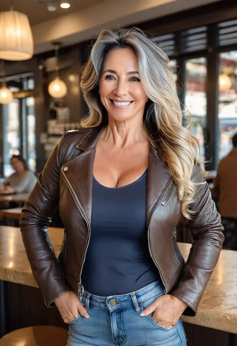 Mature woman of 45 years old full body with hair in a ponytail and dark layers falling on her face, medium size, beautiful face and perfect body, large and round sagging breasts, hands behind her head, smile, firm skin, standing in a cafeteria posing for a...