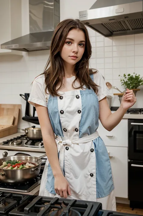 European girl with brown hair, blue eyes, hairlong, beatiful face, pale face, Beautifully styled hair, thin lips, rosy cheeks, standing by the stove in the kitchen in cool shades, prepares meals, standing in one chef&#39;s apron, in a cooking apron, beauti...