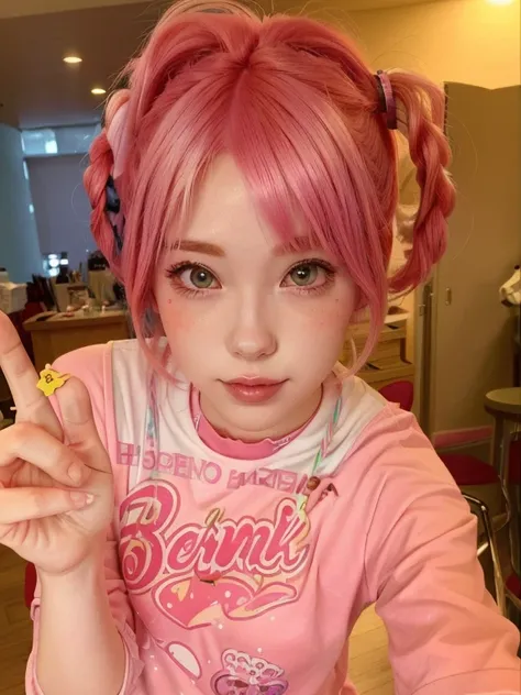 there is a girl with pink hair and a pink shirt making a peace sign, Pink hair and cyan eyes., with pink hair, kawaii rainbow decoration, Cute girl with short pink hair, beautiful dolphin, by harajuku, kawaii hairstyle, chiho, anime girl in real life, insp...